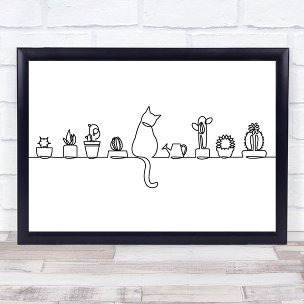 Black & White Line Art Cat And Plants Decorative Wall Art Print