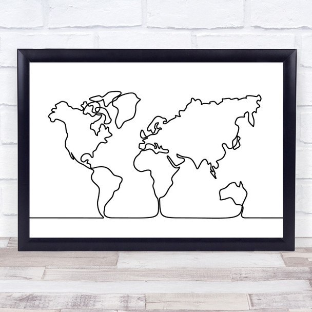 Black & White Line Art World Map Decorative Wall Art Print