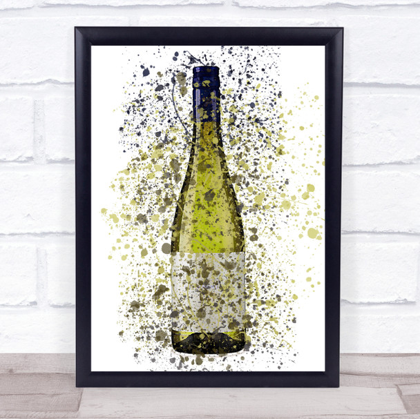 Watercolour Splatter White Wine Bottle Green Decorative Wall Art Print