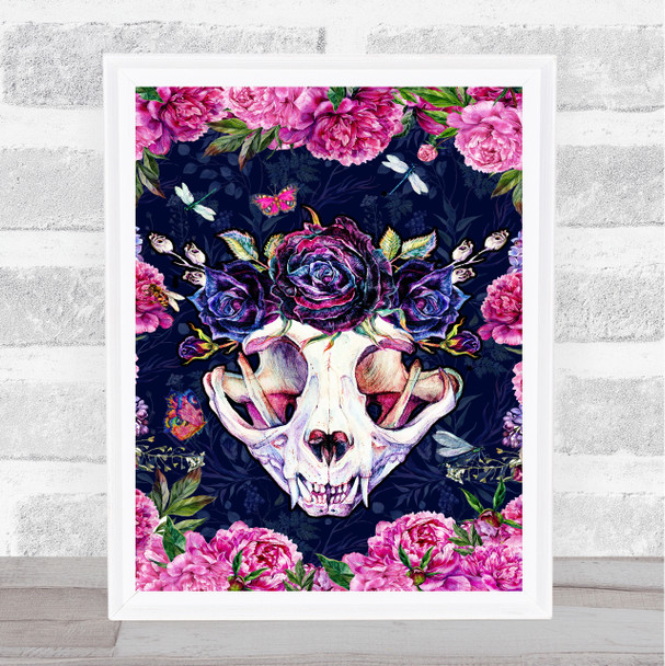Bright Pink Blue Gothic Cat Skull Floral Home Wall Art Print