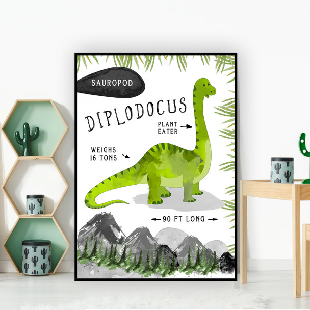 Diplodocus Dinosaur Facts Children's Nursery Kids Wall Art Print