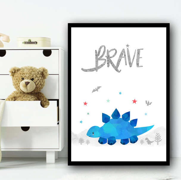 Dinosaur Blue Brave Children's Nursery Bedroom Wall Art Print