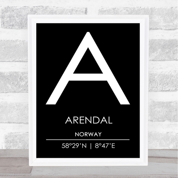 Arendal Norway Coordinates Black & White World City Travel Print Arendal Norway Coordinates Black & White World City Travel Print