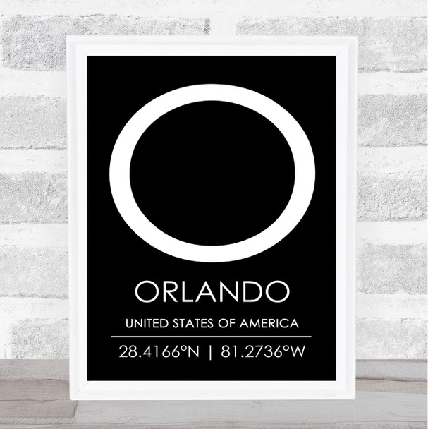 Orlando United States Of America Coordinates Black & White Travel Quote Print