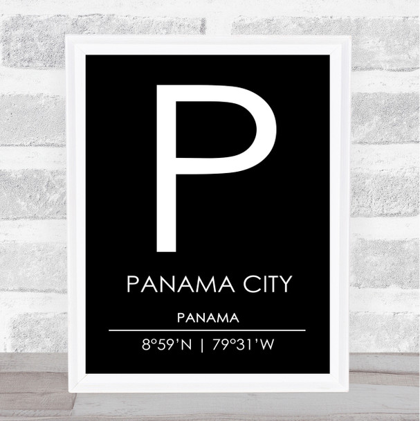 Panama City Panama Coordinates Black & White Travel Print