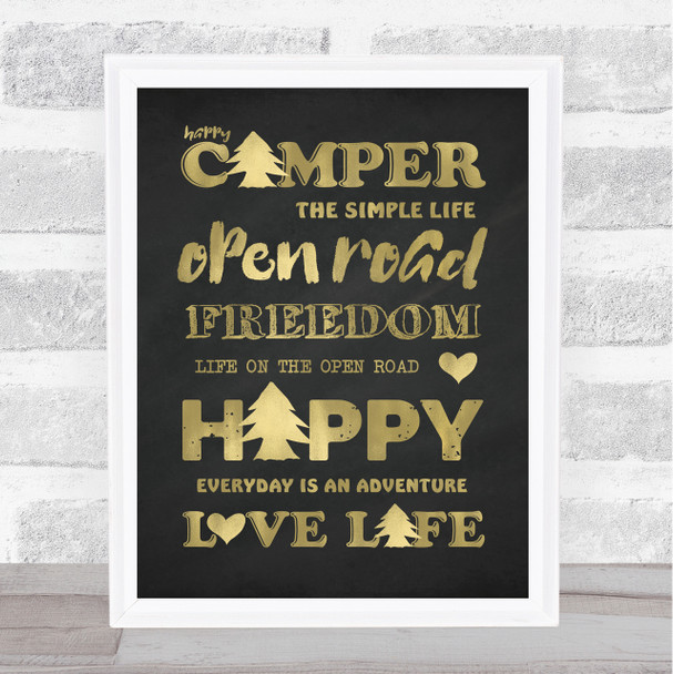 Love Camping The Simple Life Gold Black Quote Typogrophy Wall Art Print