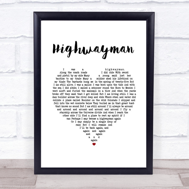 Johnny Cash Highwayman White Heart Song Lyric Wall Art Print
