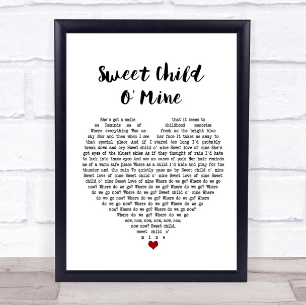 Guns N' Roses Sweet Child O' Mine White Heart Song Lyric Quote Print