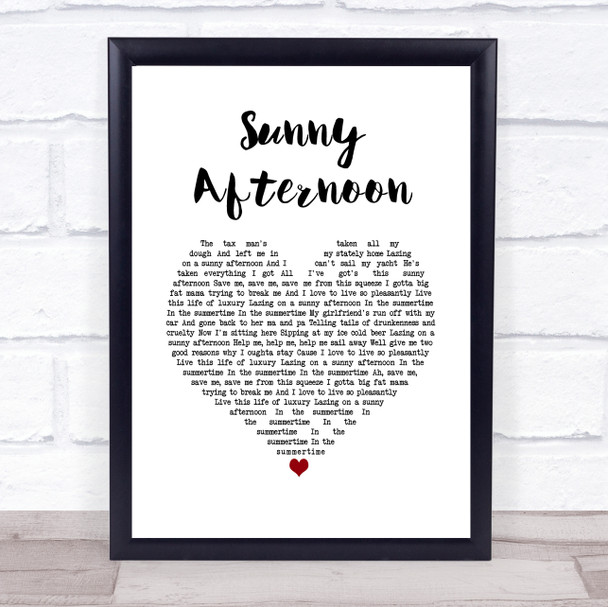 The Kinks Sunny Afternoon White Heart Song Lyric Print