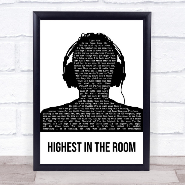 Travis Scott HIGHEST IN THE ROOM Black & White Man Headphones Song Lyric Wall Art Print