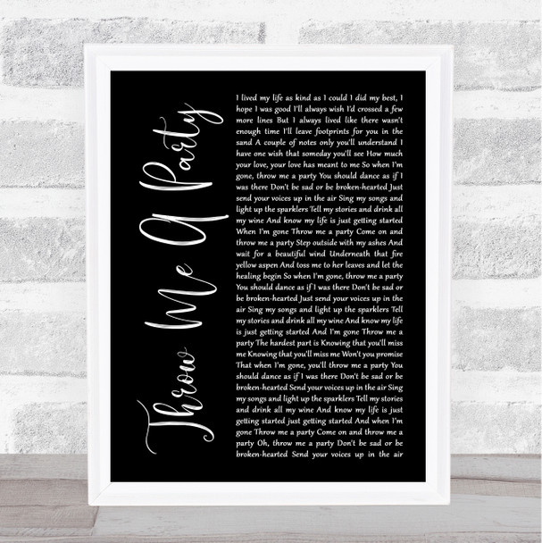 Rita Wilson Throw Me A Party Black Script Song Lyric Print