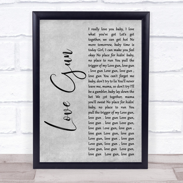 Kiss Love Gun Grey Rustic Script Song Lyric Print