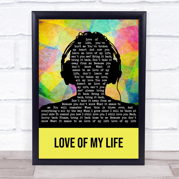 Queen Love Of My Life Multicolour Man Headphones Song Lyric Wall Art Print
