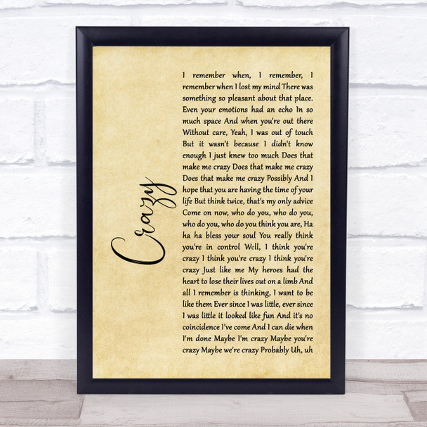 Gnarls Barkley Crazy Rustic Script Song Lyric Print