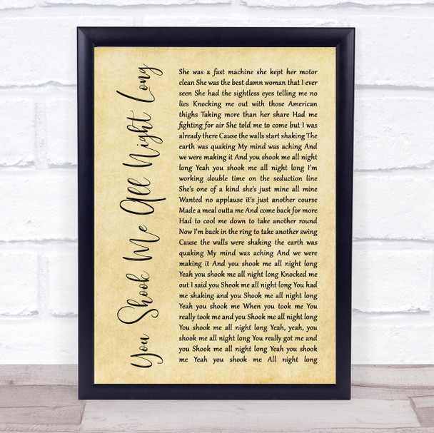 ACDC You Shook Me All Night Long Rustic Script Song Lyric Print