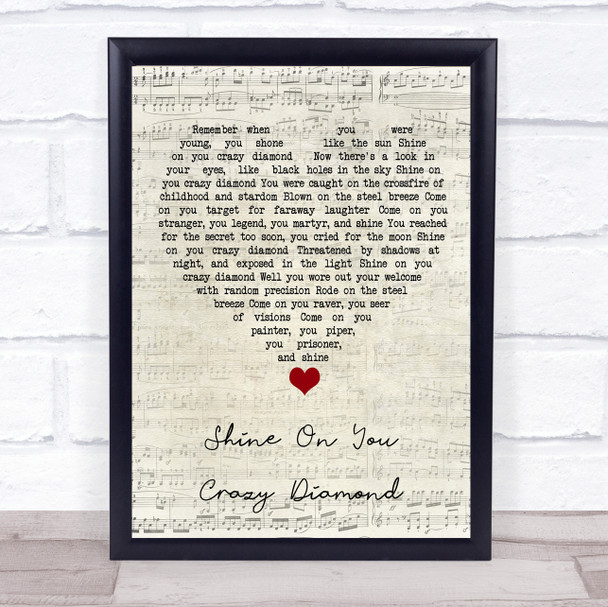 Pink Floyd Shine On You Crazy Diamond Script Heart Song Lyric Quote Music Print