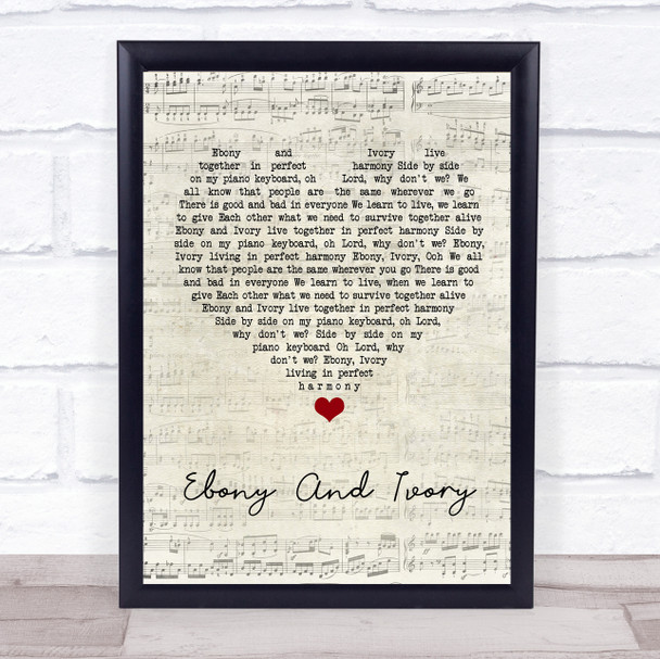 Paul McCartney Ebony And Ivory Script Heart Song Lyric Wall Art Print