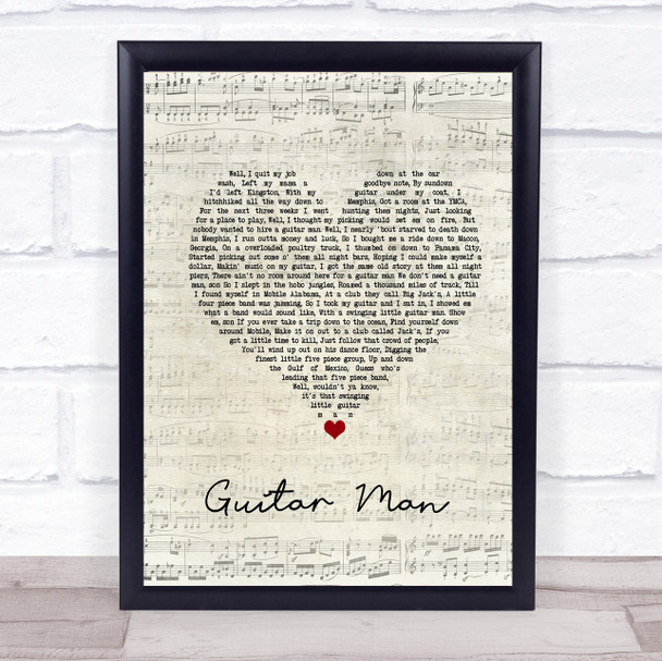 Elvis Presley Guitar Man Script Heart Song Lyric Wall Art Print