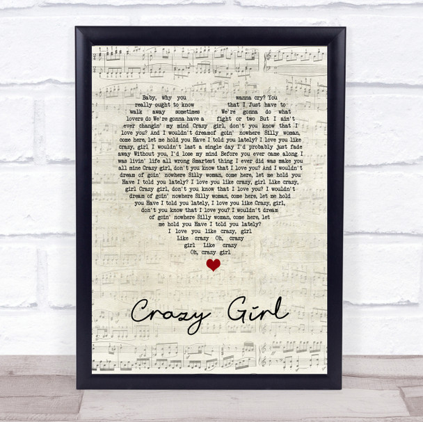 Eli Young Band Crazy Girl Script Heart Song Lyric Quote Print