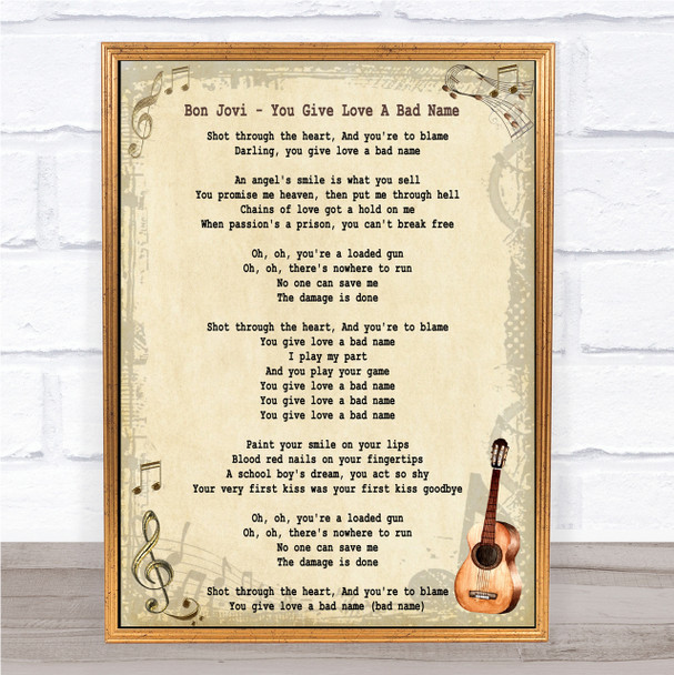 Bon Jovi You Give Love A Bad Name Song Lyric Quote Print