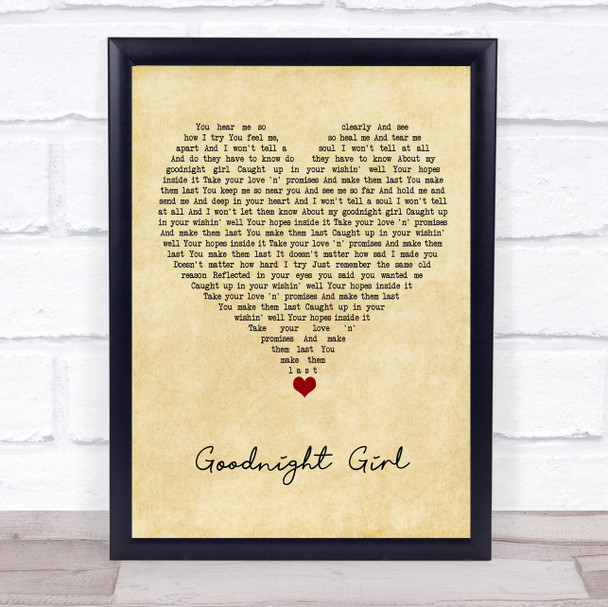 Wet Wet Wet Goodnight Girl Vintage Heart Song Lyric Quote Music Print