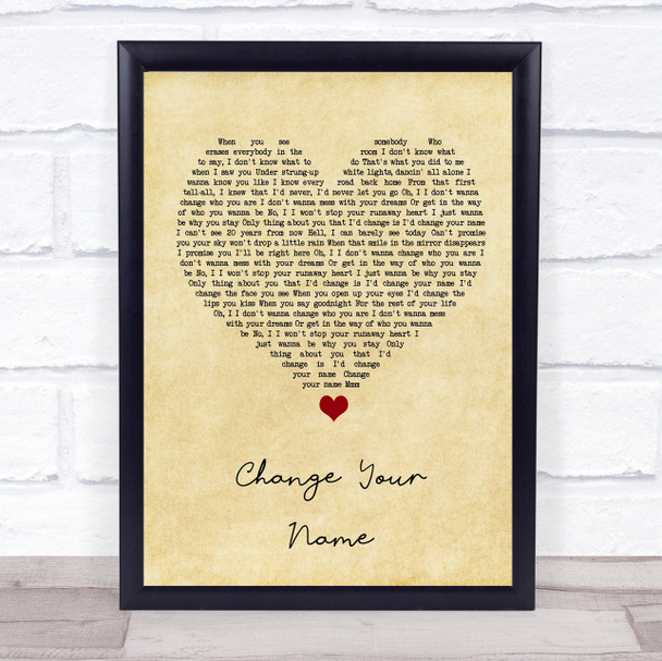 Brett Young Change Your Name Vintage Heart Song Lyric Wall Art Print