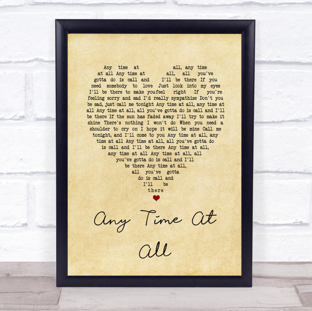 The Beatles Any Time At All Vintage Heart Song Lyric Wall Art Print