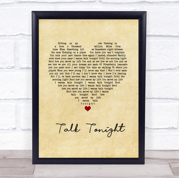 Oasis Talk Tonight Vintage Heart Song Lyric Wall Art Print