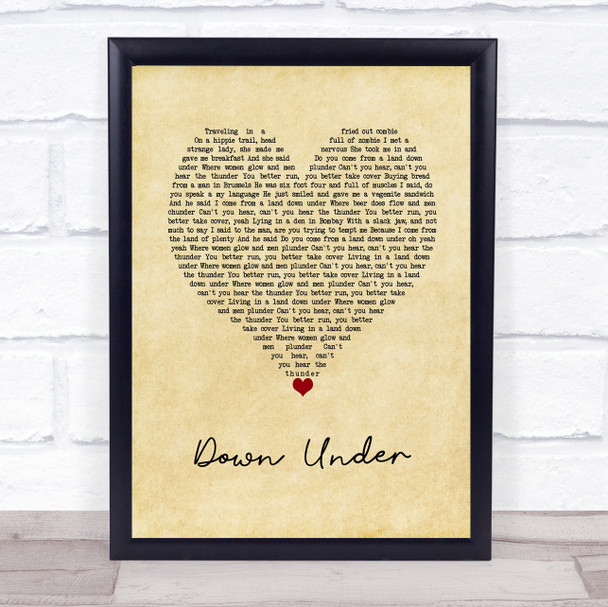 Men At Work Down Under Vintage Heart Song Lyric Wall Art Print