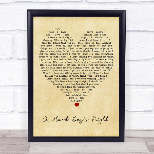 A Hard Day's Night The Beatles Vintage Heart Quote Song Lyric Print