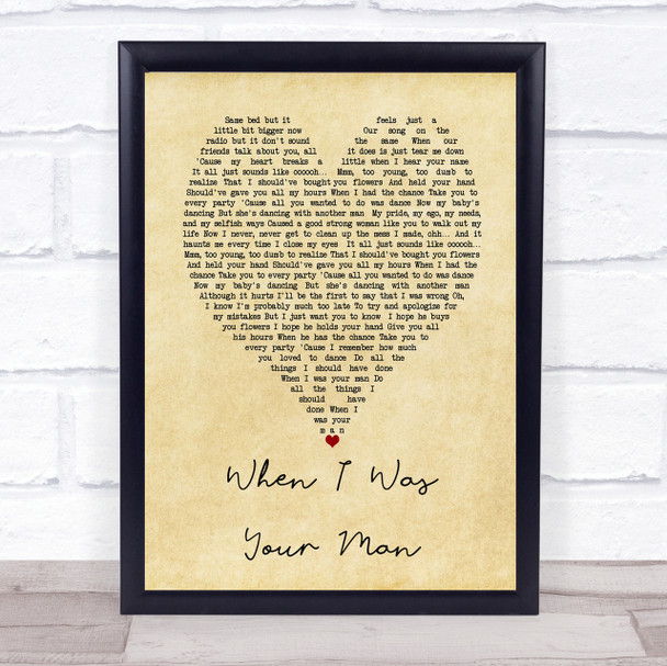 When I Was Your Man Bruno Mars Vintage Heart Song Lyric Quote Print