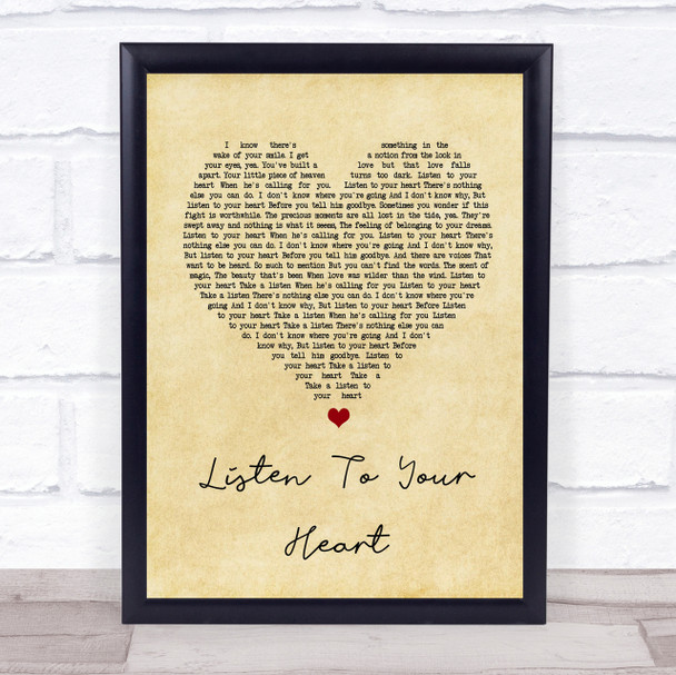 Roxette Listen To Your Heart Vintage Heart Song Lyric Quote Print