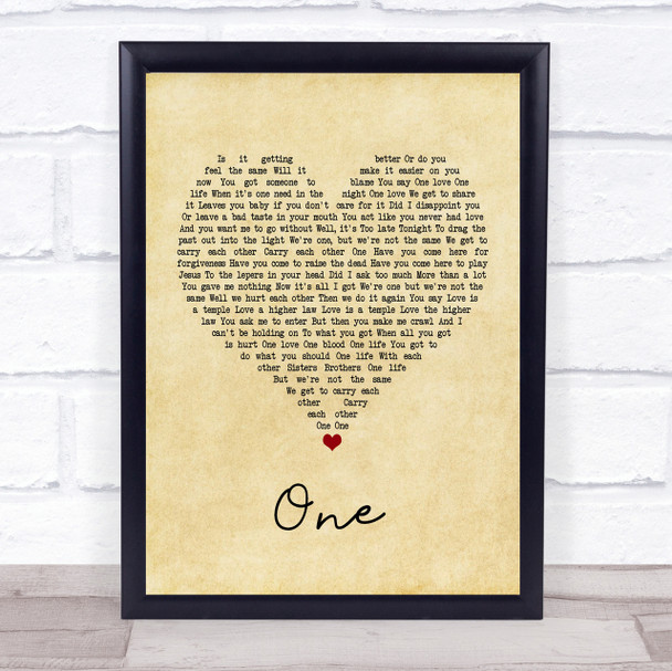 U2 One Vintage Heart Quote Song Lyric Print