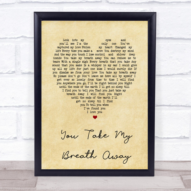 Queen You Take My Breath Away Vintage Heart Song Lyric Print