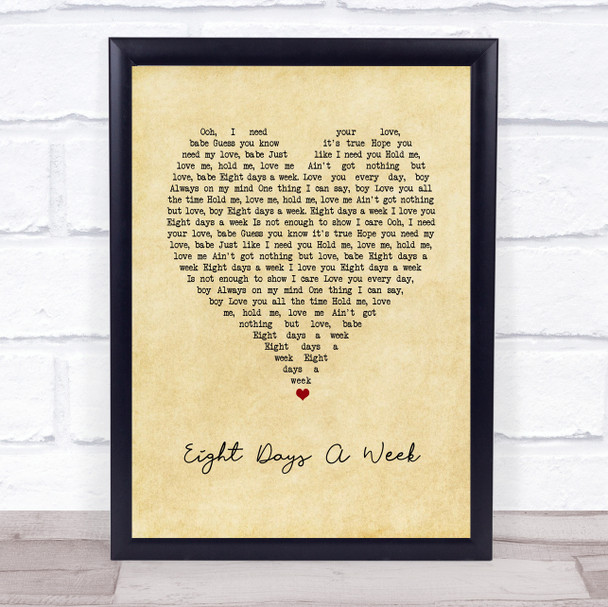 The Beatles Eight Days A Week Vintage Heart Song Lyric Print