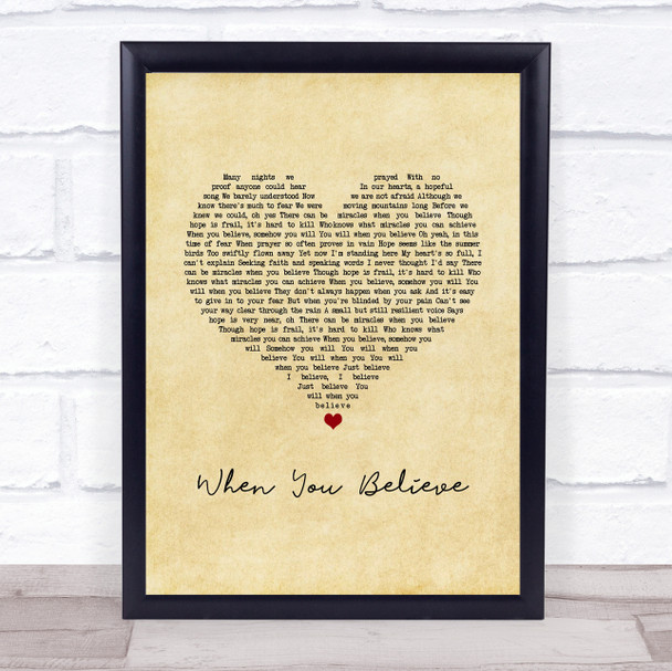 Whitney Houston & Mariah Carey When You Believe Vintage Heart Song Lyric Print