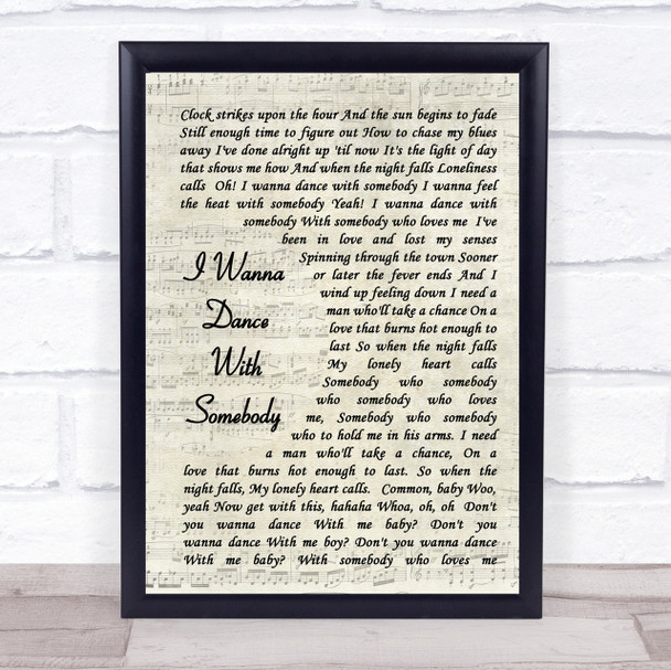 Whitney Houston I Wanna Dance With Somebody Vintage Script Song Lyric Quote Print