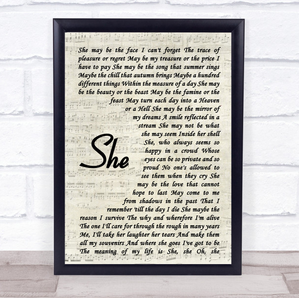 Elvis Costello She Vintage Script Song Lyric Print