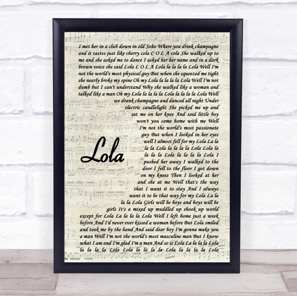 The Kinks Lola Vintage Script Song Lyric Print