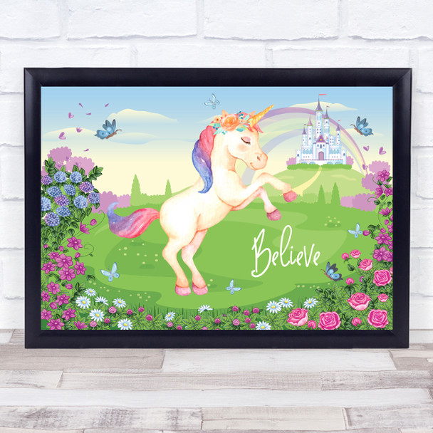 Magical Unicorn & Princess Castle Flowers Believe Wall Art Print