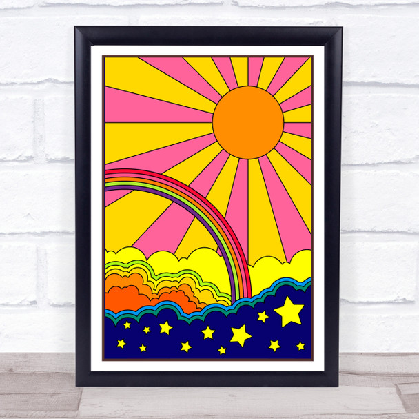 Psychedelic Hippie Rainbow Sun Stars Cloud Wall Art Print