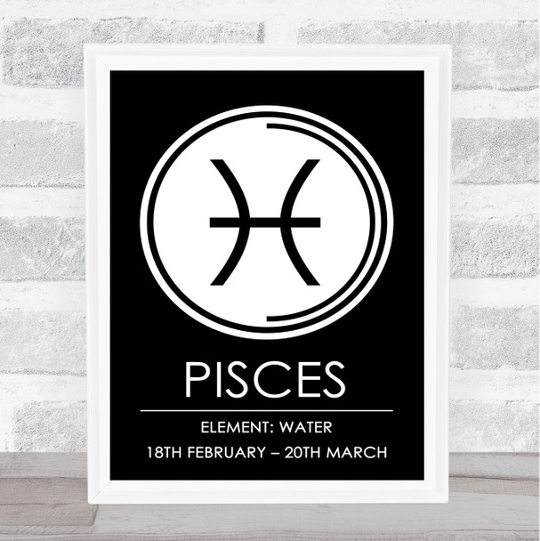 Zodiac Star Sign Black & White Symbol Pisces Wall Art Print
