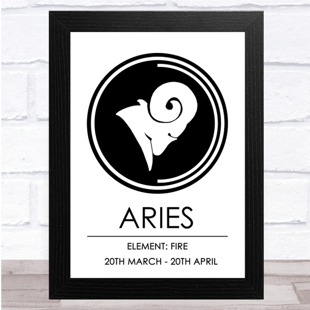 Zodiac Star Sign White & Black Element Aries Wall Art Print