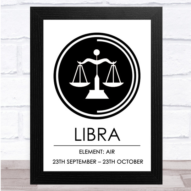 Zodiac Star Sign White & Black Element Libra Wall Art Print