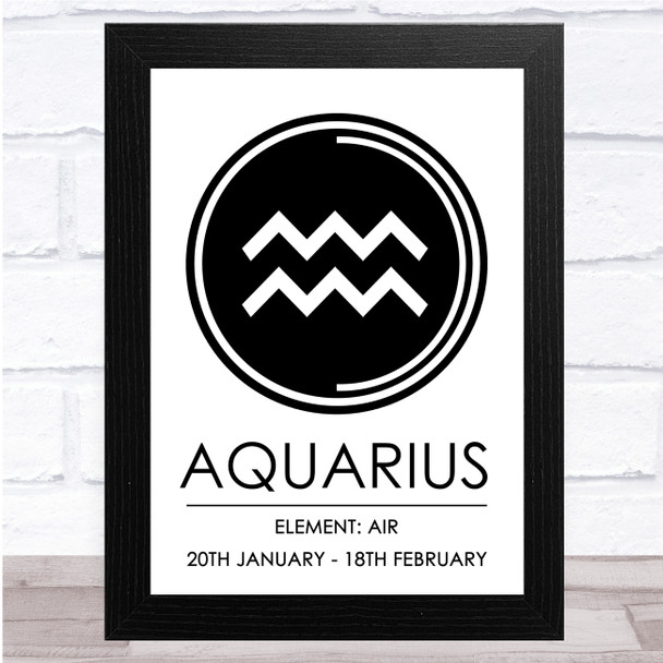 Zodiac Star Sign White & Black Symbol Aquarius Wall Art Print