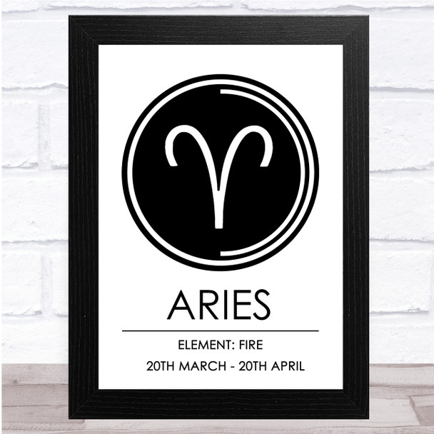 Zodiac Star Sign White & Black Symbol Aries Wall Art Print