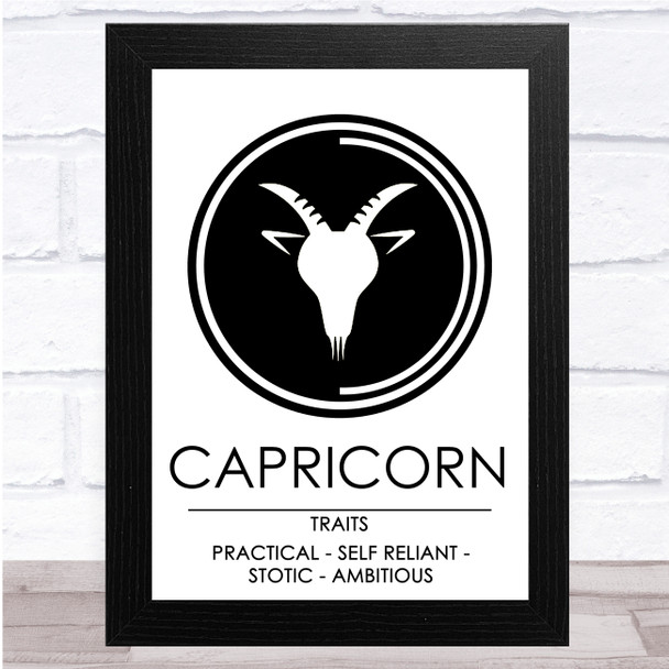 Zodiac Star Sign White & Black Traits Capricorn Wall Art Print