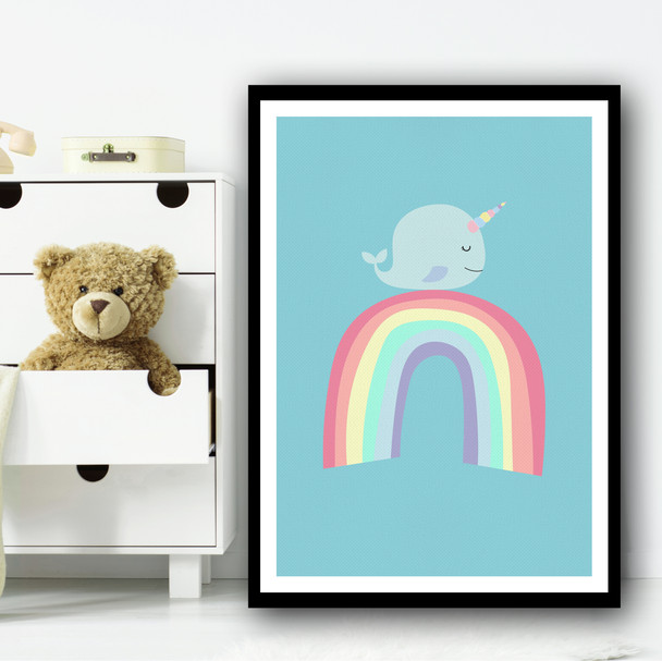 Cute Whale On Rainbow Kids Wall Art Print