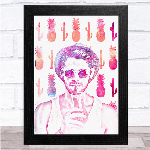 Pineapple And Cactus Man With Cocktail Pink Wall Art Print