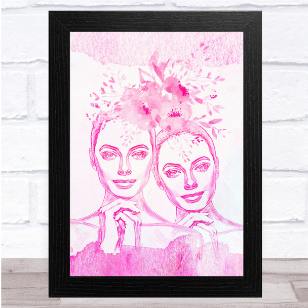 Twins Flower Hair Watercolor Women Pink Wall Art Print